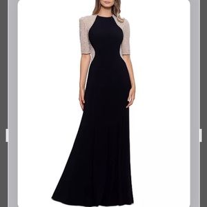 XSCAPE Beaded Colorblocked Elbow Sleeve Gown in Black/Nude/Silver Size 14